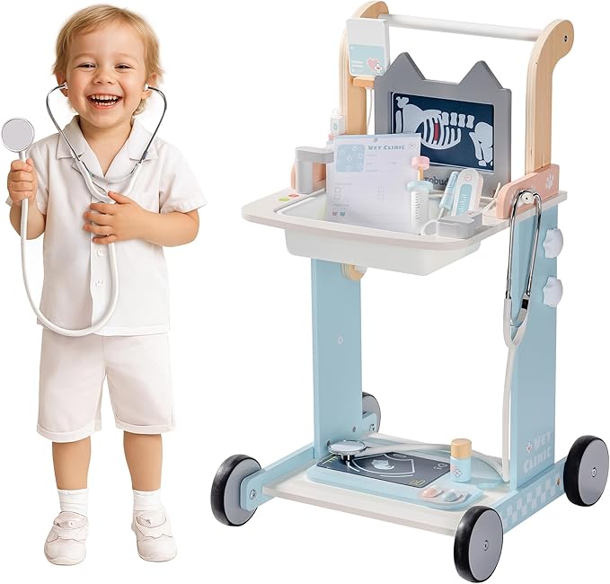 ROBUD Toddler Doctor Play Set, Complete Doctor Kit for Kids with Adjustable Height and Medical Tools, Wooden Pretend Play Pet Doctor Cart for Kids Aged 3+, Vet Kit for Imaginative Role Play Fun