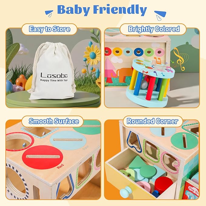 Toddlers Wooden Activity Cube Toys, 5-in-1 Montessori Toys for 3 Year Old Boys Girls, Shape Color Sorting Sensory Toy, Drawer Box Toy, Multipurpose Educational Learning for Baby