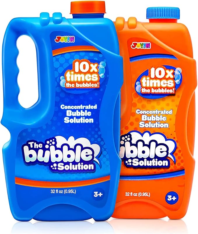 JOYIN 2 Bottles Bubbles Refill Solutions 64 oz (up to 5 Gallon), Concentrated Solution for Bubble Machine, Gun, Wand Refill Fluid Summer, Easter Toys(Orange+Blue)