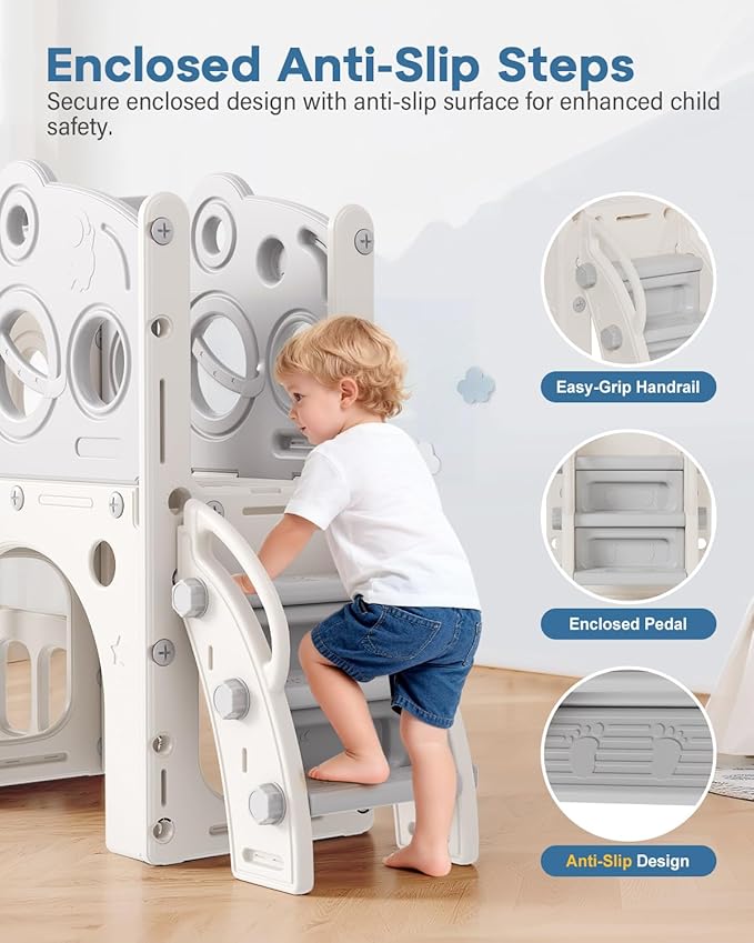 Babytronic Toddler Slide, 8 in 1 Kids Slide with Basketball Hoop, Telescope and Climber, Baby Slide Toddler Playground, Indoor Outdoor Playset for Toddlers Age 1-3, Kids Indoor Playground (White&Gray)