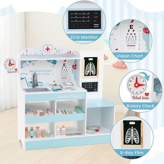 KOTEK Kids Doctor Play Set with 24 PCS Accessories, Wooden Medical Station with Eye Chart, ECG Monitor, X-Ray Film, Pretend Play Hospital Center for Toddlers, Toy Doctor Kit for Girls Boys (Blue)