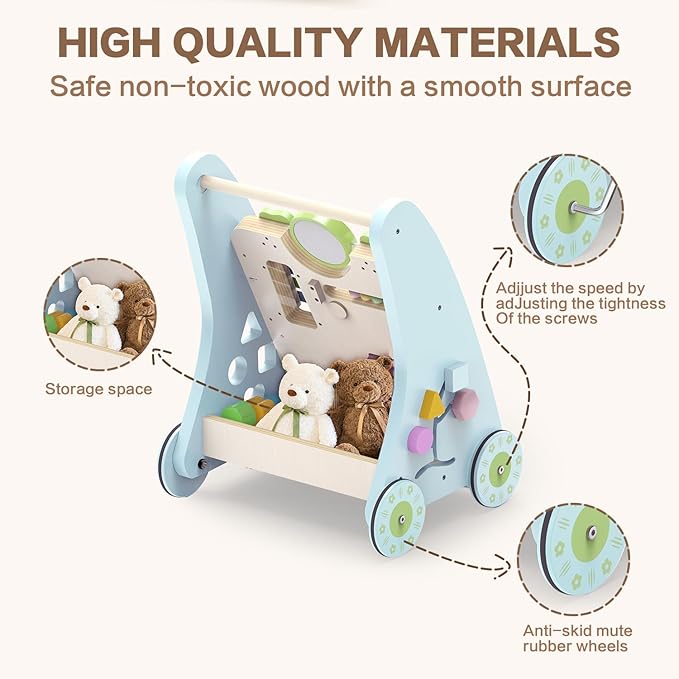 Wooden Baby Walker,Adjustable Speed Push Walker with Wheels and Learning Activity Center,Montessori Walker for Babies 12 Months,Baby Walker Push Toys for Baby Boys and Girls Gifts (Blue)