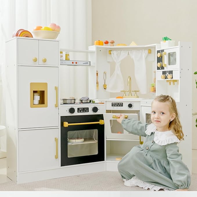 Interactive Wooden Toy Play Kitchen Playset for Kids – Realistic Lights & Sounds, Corner Design with 8 Accessories, Gift for Girls & Boys Ages 3+