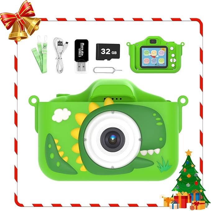Kids Camera for 3-9 Year Old Boys Girls, Children Digital Camera with Cute Cartoon Soft Cover & 32GB SD Card, Best Christmas Birthday Gifts for Grandkids, Halloween Party Favors for Kids - Green