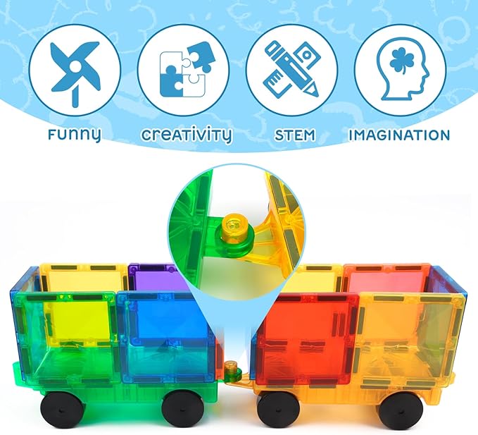 Magnetic Tiles Cars Construction Set - 4 PCS Magnetic Tiles Magnet Bricks Truck Sensory Toys, Educational Magnet Cars Set Building Blocks for 3 4 5 6 7 8+ Year Old Girls Boys