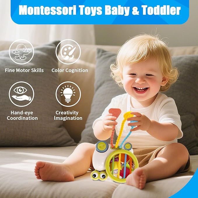 Activity Cube Baby Toys, 5 in 1 Montessori Sensory Toy for 1-3, Infant Toy with Shape Sorter & Silicone Pull String, Snail Push-to-go Car Seat Airplane Travel Toy Gift for Boy Girl