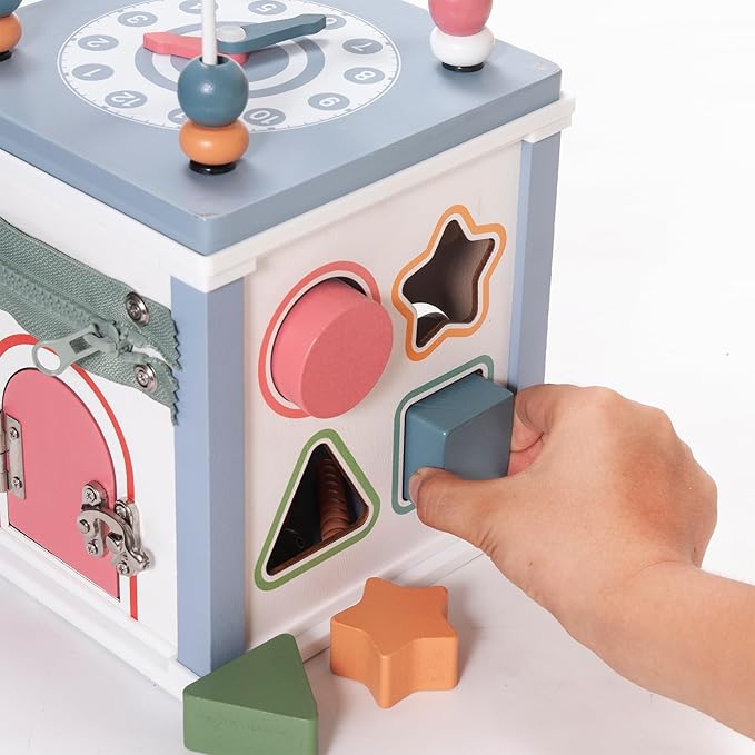 Donmills Wooden Activity Cube Toddler Montessori Toys, Baby Activity Cube with Bead Maze, Shape Sorter Toy, Bonus Sorting & Stacking Board, Learning & Education Toys Birthday Gift for Boys and Girls