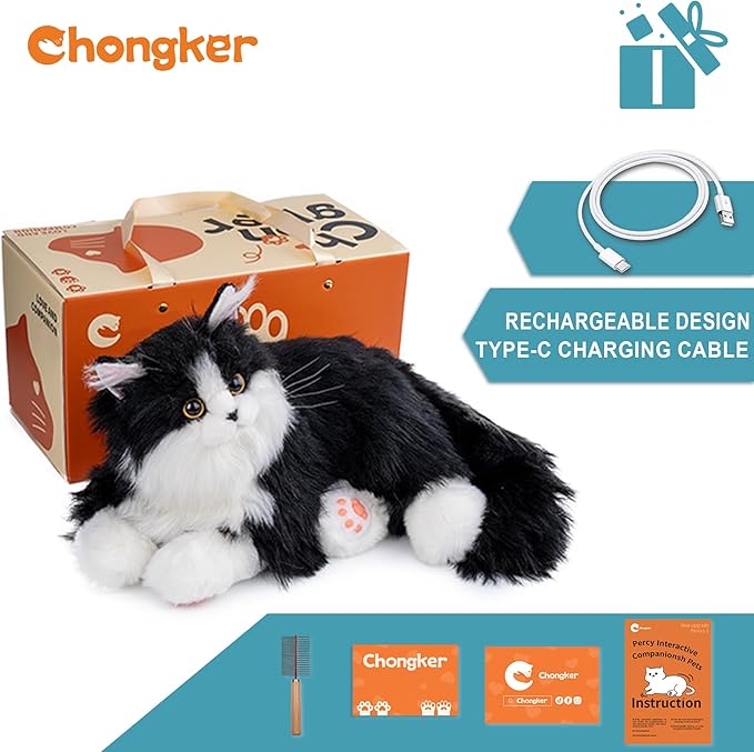 Chongker Interactive Companion Robot Cat Pets, Handmade Weighted Stuffed Animals, Cat Plush Toy with Voice Response, Realistic Heartbeat and Purring, Black Cat