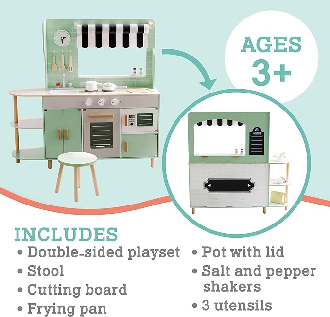 MindWare Play Kitchen Café – Unique 2-in-1 Playset Features Kitchen on One Side and Café on The Other – Pretend Play for Kids Ages 3 & Up – Includes Basic Kitchen Tools