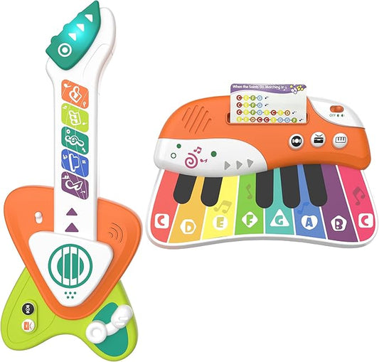 Toddler Baby Guitar Piano Keyboard for 1-3, Touch Baby Piano Guitar Toy for 1 Year Old Musical Toy w/ 3 Modes, Light, Melodies, Music Cards, Adjustable Volume, Birthday Christmas for 1-3 Yrs Old