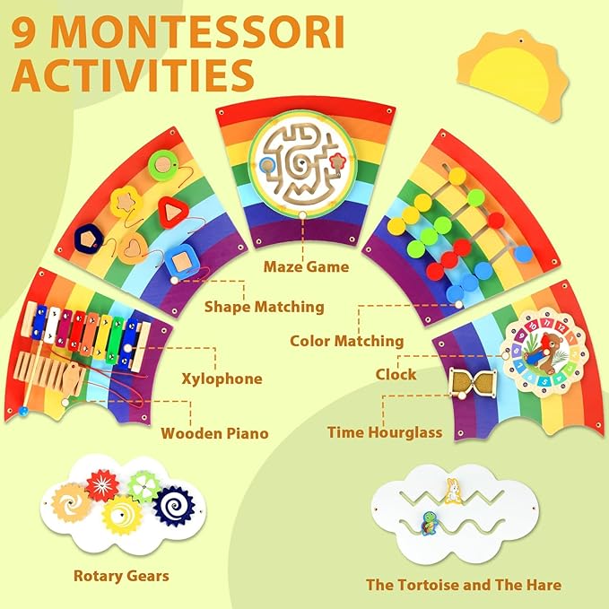 5FT Large Sunshine Rainbow Wooden Activity Wall Panel Christmas Gift Educational Montessori Toy for Toddler Kids Interactive Sensory Activity Busy Board Daycare Learning Center Toddler Room Decor
