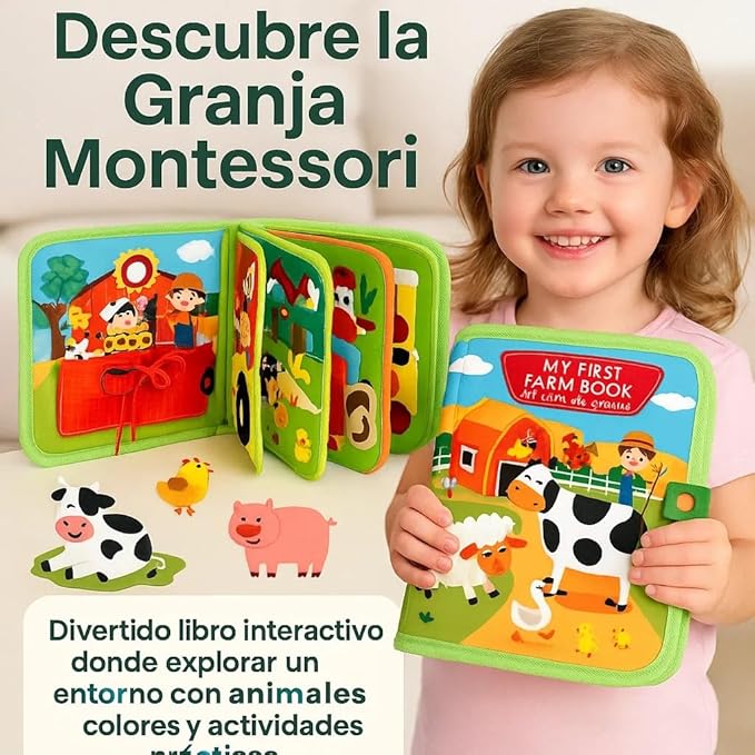 Montessori Bilingual Sensory Book (ES/EN) Children 1-5 Years, Educational Toy and Sensory Play with Activities and Gift Stickers, Interactive Busy Board Style Book, Original Gift for Baby or Child
