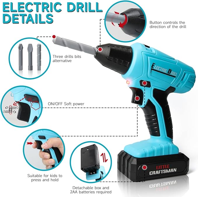 LOYO Kids Tool Set - 50 PCS Pretend Play Toy Box with Construction Vest and Electronic Drill Set for Toddlers Boys Ages 3-7 Years Old Christmas Birthday Gift (Blue)