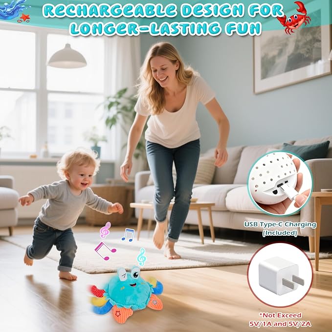 Baby Toys 1 Year Old 12-18 Months, Crawling Crab Baby Plush Toy, Musical Tummy Time Toys, Dancing Moving Bouncing Recording Sensory Toys for 1 2 3 Year Old Boy Girl Gifts