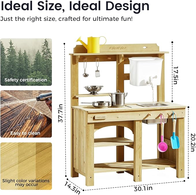 Tiny Land Outdoor Mud Kitchen for Kids, Wooden Play Kitchen with Water Tank, Water & Cooking Play, Sensory Fun, Weather-Resistant with Storage, Ideal for Toddlers Ages 3+