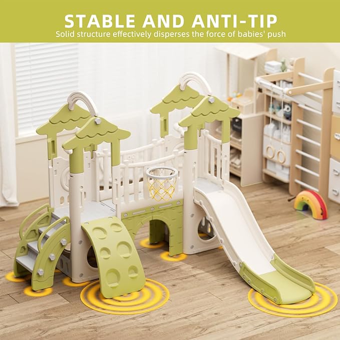 XJD 9 in 1 Toddler Slide, Jungle Slide with Basketball Hoop, Tunnel and Storage Space, Outdoor Indoor for Toddlers Age 1+,Tree House Design Toddlers Outdoor Indoor Playground (Green)