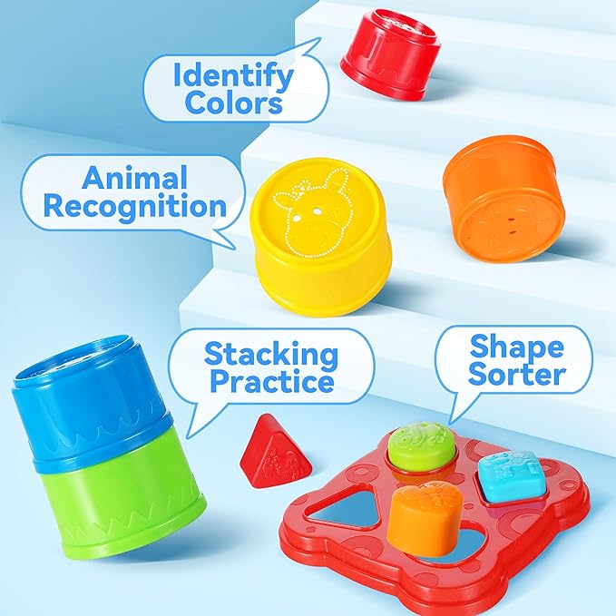 iPlay, iLearn Baby Stacking Toys, Toddler Nesting Stack Cups, Infant Stackable Block, Kids Sorting Game W/Shape Sorter for Sand Bath, Birthday Gift for 12 18 24 Month 1 2 3 Year Old Boys Girls