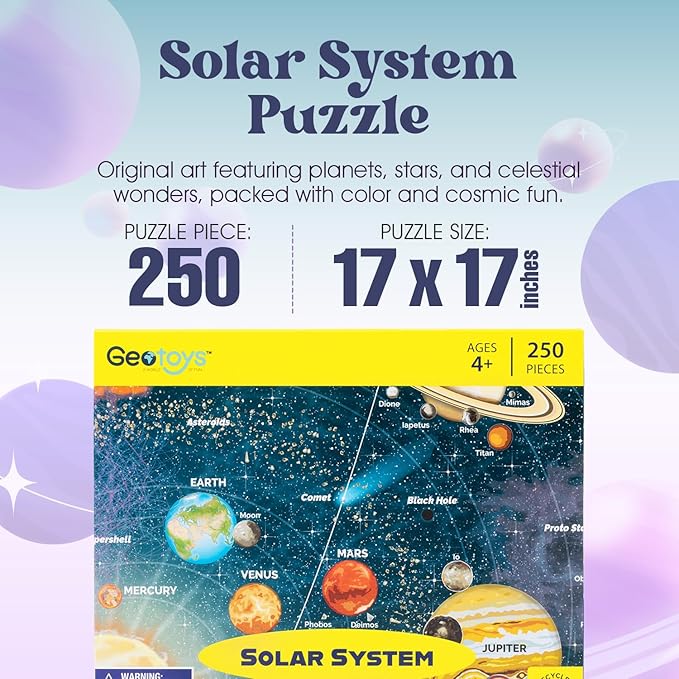 Geotoys Solar System Puzzle for Kids - Space Puzzle for 4+ Year Old, Includes Planets, Stars, and More - 250 Piece Puzzles for Kids - Made in The USA Vibrant Educational Jigsaw Puzzles