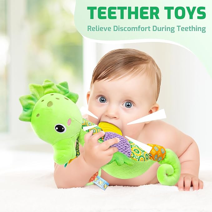 Sumobaby Infant Baby Musical Stuffed Animal Activity Soft Toys with Multi-Sensory Crinkle, Rattle and Textures, for Tummy Time Newborn 0-3-6-12 Months Girls,Seahorses - Green with Baby Mirror