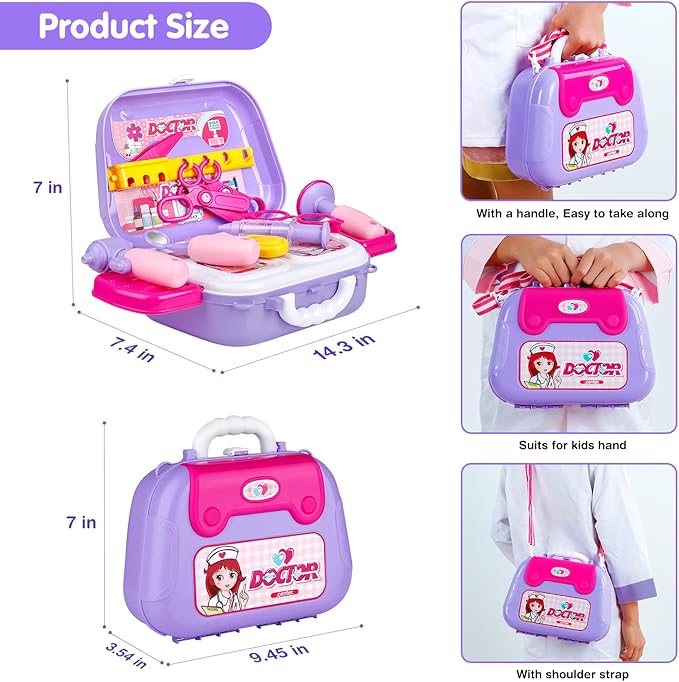 GIFTINBOX Kids Doctor Kit for Girls and Boys , Purple Doctors kit for Kids 22 Pieces Pretend Play Medical Toys Set with Roleplay Doctor Costume and Carry Bag for Little Girls-B