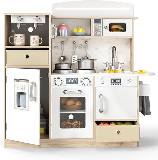 Costzon Kids Kitchen Playset, Wooden Little Chef Pretend Play Kitchen with Deluxe LED Lights, Coffee Maker, Ice Maker, Microwave, Oven, Play Phone, Toddler Kitchen Toy Set for Boys & Girls 3+ (White)