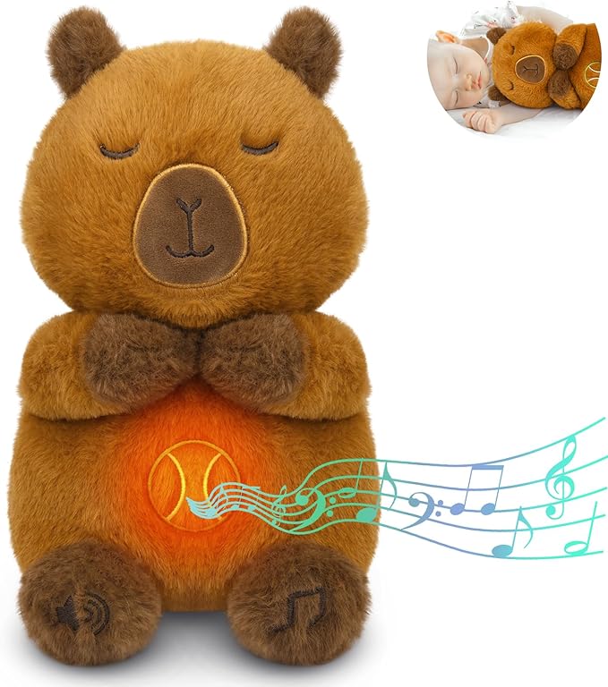 Breathing Stuffed Animal - Capybara Plush Baby Toy, Soothing Sound Machine with Music Lights & Realistic Breathing Motion, Sleeping Plushies Gifts for Kids Adults