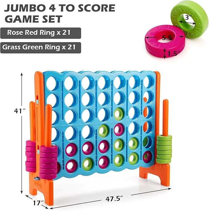 COSTWAY Jumbo 4-to-Score Giant Game Set, 4 in A Row for Kids and Adults, 3.5FT Tall Indoor, Outdoor Set with 42 Jumbo Rings & Quick-Release Slider, Ideal for Holiday Party, Family, Baby Blue