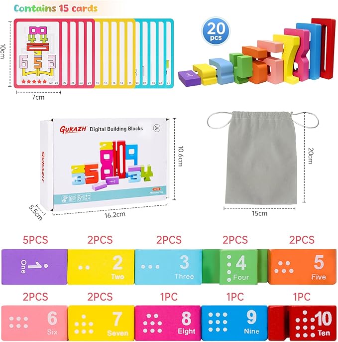 Wooden Number Building Blocks 20 Pcs Stacking Toys for Kids, Math Learning Tool for Students, Digital Building Blocks 1-10, Balance Competition Toy, Educational Gift Party Favors for Boys Girls