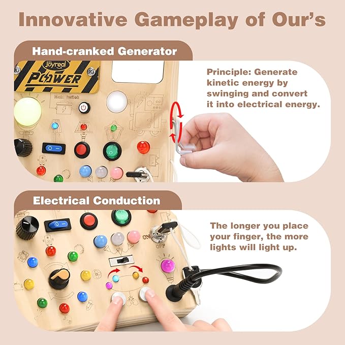 Joyreal Busy Board with 22 LED Light - Montessori Toys for 1 2 3 Years Old, Wooden Toddler Sensory Board for Kids with Autism, Fidget Board Travel Toys for 1+ Year Old Boy & Girl Birthday Gift (Big)