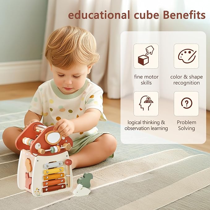 8 in 1 Wooden Activity Cube Toys for Baby Travel Sensory Toys for Toddlers 1-3 Multipurpose Educational Learning Toys for Toddlers Shape Sorter Montessori Toys for 1 2 Year Old First Birthday Gift
