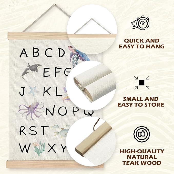 Supwhd Ocean Nursery Decor, Alphabet Numbers Ocean Animals Poster Hanger Frame, Sea Animals ABC 123 Educational Wall Decor for Nursery Kids Room Playroom Classroom Homeschool, 16x24 Set of 2