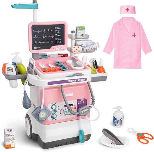 Doctor Kit for Toddlers - Deluxe Pretend Play Medical Cart Toy Set with Stethoscope ,Thermometer,Doctor Costume & Carry Bag - Educational Role Play Gift for Kids Boys & Girls Ages 3 4 5（Pink）