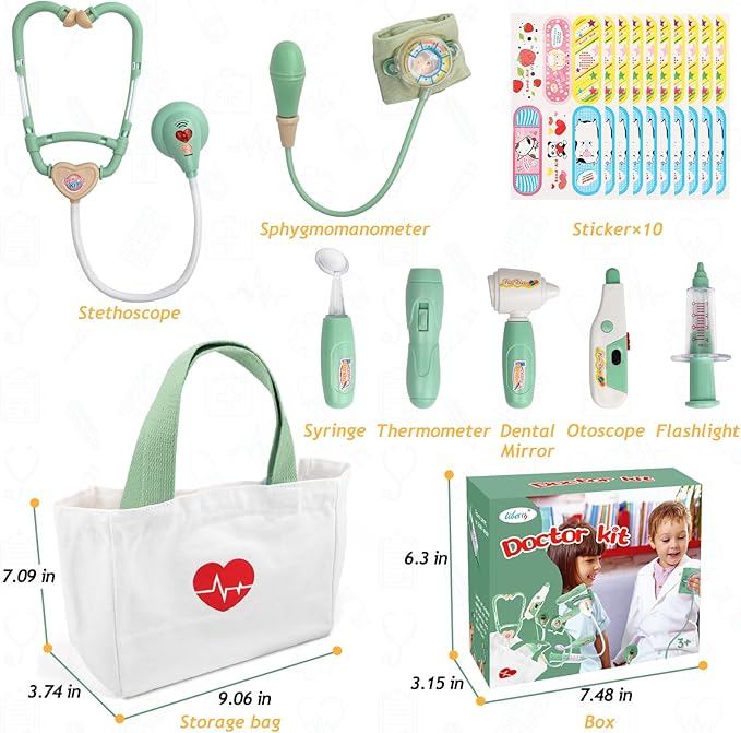 Liberry Doctor Kit for Toddlers 3-5 Years Old, 18-Piece Doctor Bag Pretend Play Toys, Durable Medical Kit with Toy Stethoscope, Green Christmas Birthday Gift for Kids