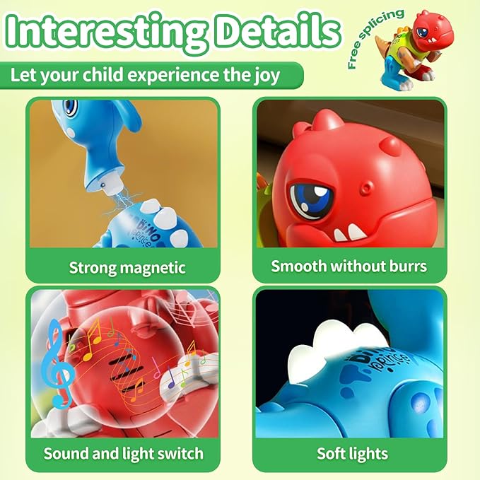 Dinosaur Toy Set for Kids Ages 3-5, Magnetic Mix or Match Dino Toys with Lights & Sounds, 24 Pcs Kits Include Flash Cards and Dinosaur Egg, Creative STEM Educational Gift for Boys and Girls