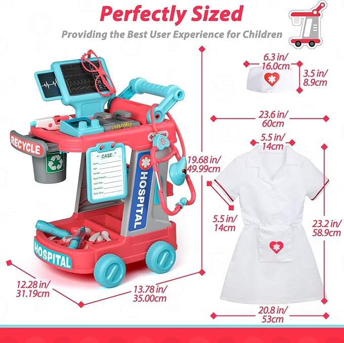 Liberry Doctor Kit for Toddlers Ages 2 3 4 5, Pretend Kids Doctor Playset with Cart, Costume and Stethoscope, Role Play Medical Toys Christmas Birthday Gift for Girls Boys (Red)
