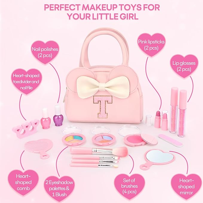 Kids Real Makeup Kit for Girls - 18Pcs Non-Toxic Washable Make Up Toys with Initial Toddler Purse - Personalized Birthday Gifts for Age 3 4 5 6 7 8 9 10 Years Old Girls Vanity Set - T