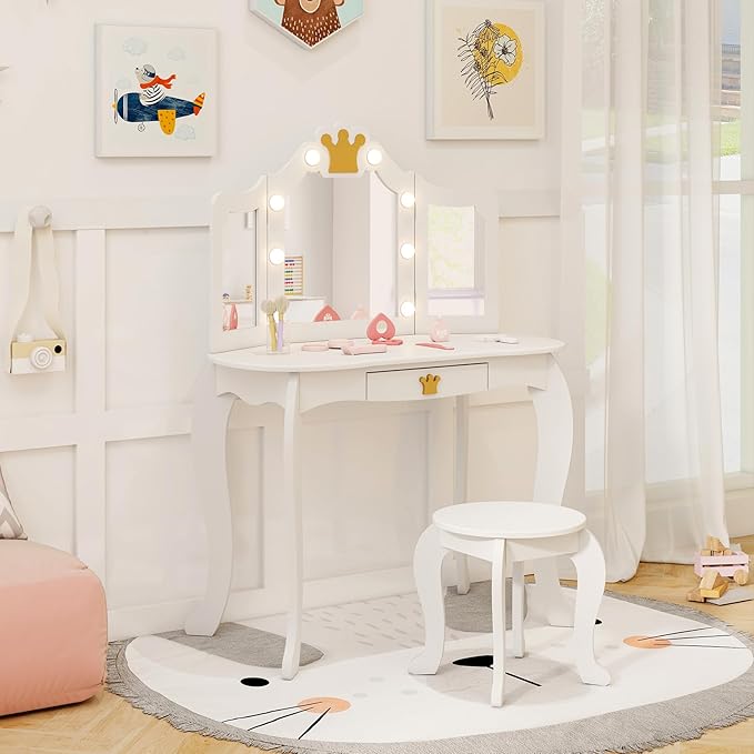 HONEY JOY Kids Vanity with Lights, Crown Girls Vanity Set with Mirror and Stool and Lights, Toddler Vanity, Wooden Makeup Table for Little Girls, Pretend Play Kids Vanity Table and Chair Set(White)