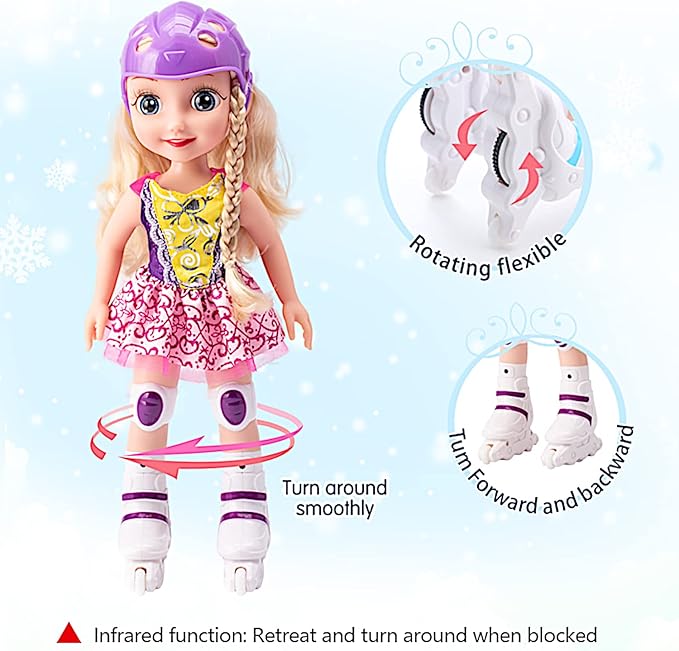 POCO DIVO Skating Princess 14" Dancing Doll Blading Skates Inline Roller Girl Interactive auto Retreat Baby Sonic Control Fashion Dress Blonde Beauty with Music