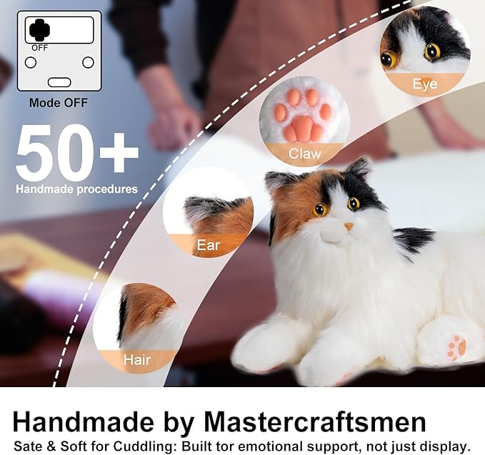 Chongker Interactive Companion Robot Cat, Weighted Breathing Stuffed Animals, Cat Plush Toy with Meow Voice, Breathing, Response, Realistic Heartbeat and Purring (Dark Calico Cat)