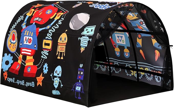 Kids Bed Tent Twin Beds -Cartoons Wonder Play Tents Boys Girls Ventilated Indoor Play Tent Children Promotes Independent Play, Stimulates Imagination Set-Up Playhouse (Robots)