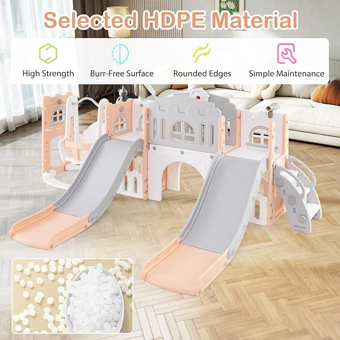 Costzon 10 in 1 Toddler Swing and Slide Set, Double Kids Slide and Climber Playset w/Aisle, Peek-a-Boo Window & Storage Space, Baby Indoor Playground for Aged 1+ (Pink-2 Slides,100" × 59" × 40")