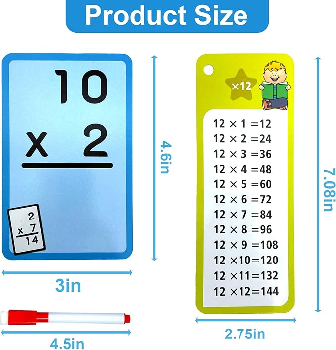 1-12 Math Flash Cards with 6 Dry Erase Pens, 15Pcs Big Multiplication Flash Cards + 36 Pcs Random Double-Sided Multiplication Practice Cards, Educational Math Flashcards for Kids Ages 6+