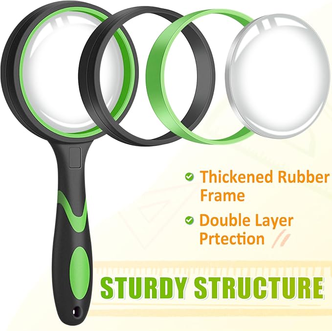 Leffis 12 Pack Magnifying Glass, 50mm 10X Multicolour Magnifying Glasses Lens Reading Magnifier for Kids and Seniors, Non-Slip Handheld Magnifying Glass for Close Work, Nature Exploration