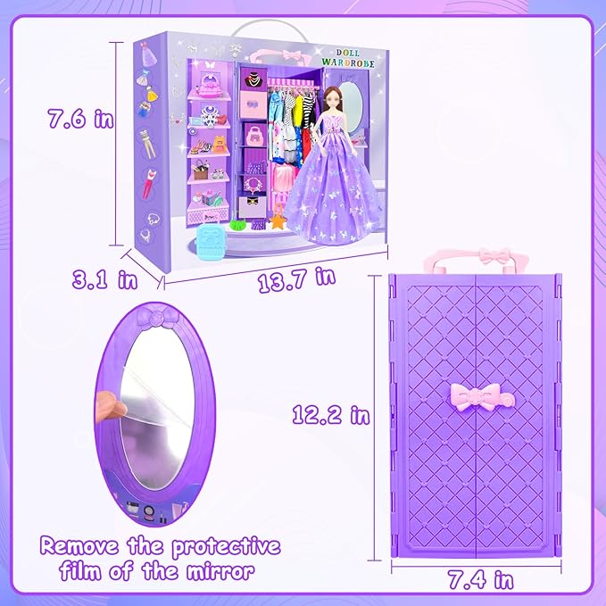 65Pcs Doll Clothes and Accessories with Doll Closet for 11.5 Inch Doll Dress up Set with 1 Doll Fashion Dresses Outfits Tops and Pants Shoe Rack Bags Gift Toy for Girls 4 5 6 7 8 9 10 Years