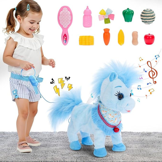 Blue Interactive Walking Singing Pony, Toy Horse Talking Dancing Pony with Leash, Electric Plush Pony Horse Pet Toy for Toddler, Nod Lick Wag Repeat What You Say 3+ Girl Boy Kid