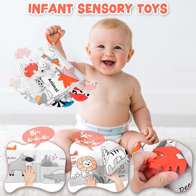 Baby Book 0-12 Months, Crinkle Cloth Book with Rattle & Touch and Feel Sensory Toys, Soft Teether for Infants, Educational Learning Toys, Ideal Baby Shower Easter Gifts for Boys Girls