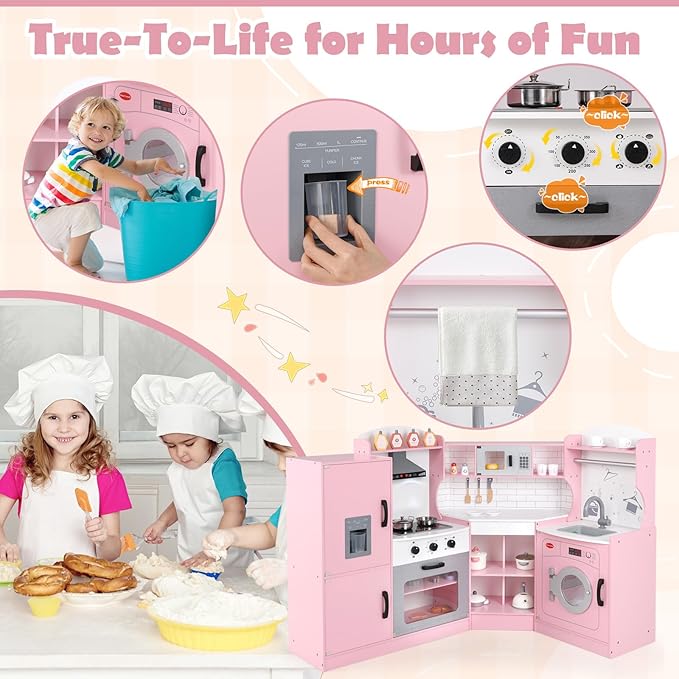MAT EXPERT Kitchen Playset, Corner Kids Kitchen Playset with Ice Make, Washing Machine, Microwave, Sink, Range Hood, Toy Kitchen, Wooden Play Kitchen for Toddler, Gift for Boys Girls (Pink)