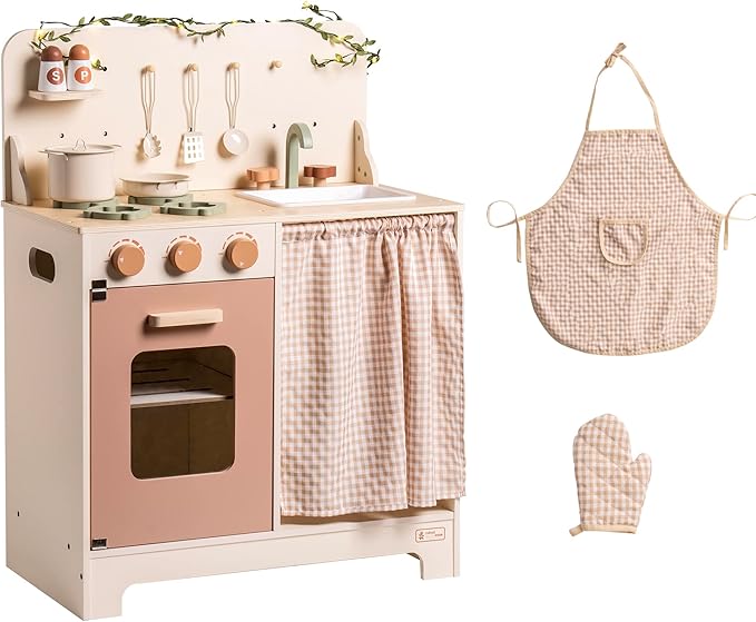 ROBOTIME Kids Play Kitchen Set - Rustic Wooden Kitchen Sets, Pretend Play Kitchen with Leaf Light String, Apron, and Groves, for Toddlers 3+ (Rustic Style)