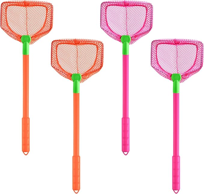 4 Pieces Fishing Net Catching Bug Fish Butterfly Nets Beach Toys for Kids Outdoor Playing (Orange, Rose Red)