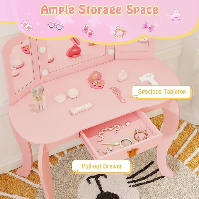 HONEY JOY Kids Vanity with Lights, Crown Girls Vanity Set with Mirror and Stool and Lights, Toddler Vanity, Wooden Makeup Table for Little Girls, Pretend Play Kids Vanity Table and Chair Set(Pink)